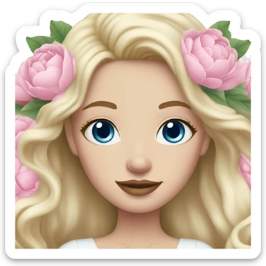 White bride with long light blonde hair and blue eyes with light pink peonies in hair white skin  sticker