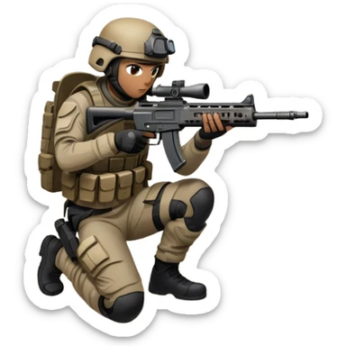 A skilled airsoft player in tactical gear, aiming a gun and shooting metal BBs in a desolate, ruined landscape. The setting is filled with broken walls and debris, creating a tense atmosphere of strategy and precision in a high-stakes tactical environment sticker