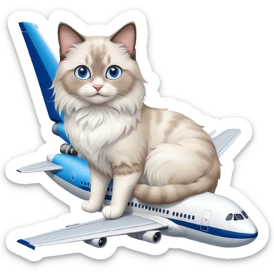 Cute ragdoll cat on an airplane. Should sit on top of the plane, cat is way bigger than airplane. Can you make the plane cooler like airbus a380 and the cat a bit happier? I liked the first and last pic out of these. Cat should be ragdoll with white and grey just like these sticker