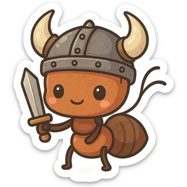 viking warrior ant, horned helmet, sword, cute and chibi style sticker