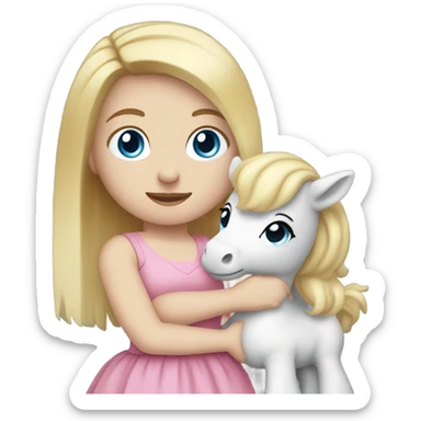 Blonde, pale skin, blue eyes girl wearing a pink dress cuddling her pony stuffed animal. sticker