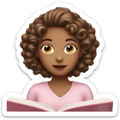 Girl with brown curls and white skin in light pink clothes reading a book sticker