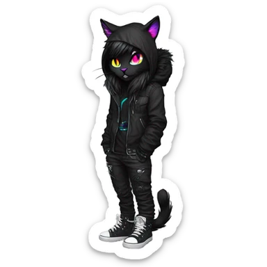 Edgy Shy Anthro cool pretty colorful dark cat-fursona techwear punk black emo-mane sticker