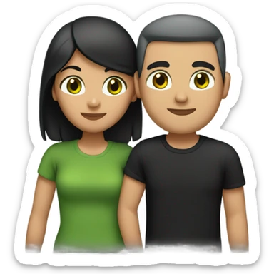 A couple hugging, girl has long straight back hair green eyes nice eyebrows medium tan black tshirt, guy has a buzz cut brown hair green eyes medium tan a gray tshirt  sticker