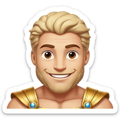 Cinematic Realistic Hercules Portrait, head tilted playfully and inquisitively, showcasing his formidable build softened by a warm, inviting smile. His eyes sparkle with a sense of mirth and determination, while his detailed attire and natural highlights capture the essence of a mighty hero with a friendly spirit. sticker