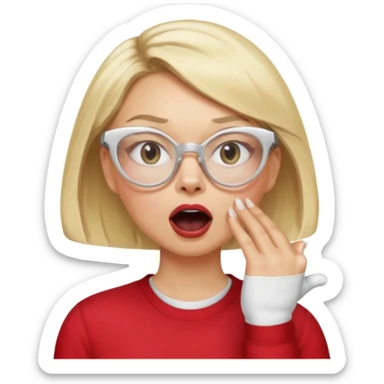 emoji style, side view woman with light skin, blonde bob hair, white cat-eye glasses, red shirt, hand cupped tightly around her mouth, hand close to nose and lips, shouting loudly, energetic expression, simple background sticker