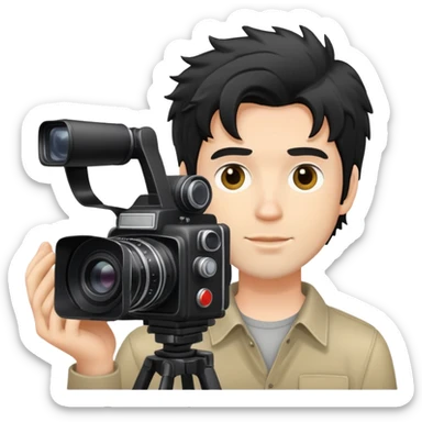 a white man with black messy hair holding a foto camera sticker