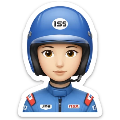 A light-skinned person with short dark hair, wearing a blue racing helmet and an oval face with a neutral look. sticker