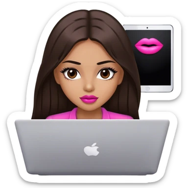 beautiful girl with long dark brown straight hair and black eyes and big pink lips and working  on laptop sticker