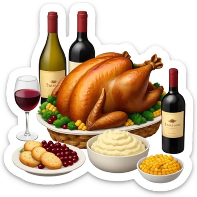 Thanksgiving Dinner with friends of all different races; have the food be a cooked turkey, mashed potatoes, corn, a basket of biscuits, a small bowl of cranberry sauce, baked yams, steamed vegetables, and a bottle of wine. sticker