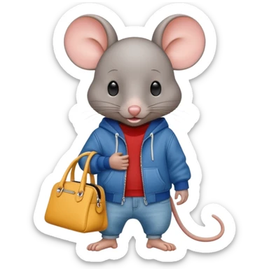 A fashionable mouse in wide jeans and a zip hoodie with a Balenciaga bag sticker