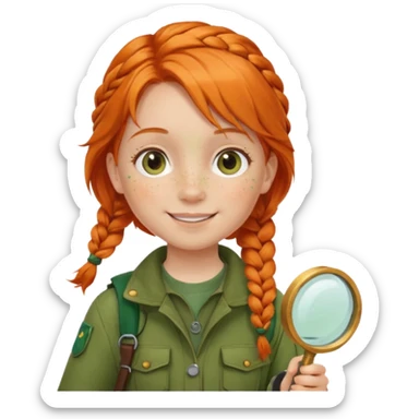 braid orange haired girl kid in moss green explorer outfit, holding magnifying glass, smile sticker