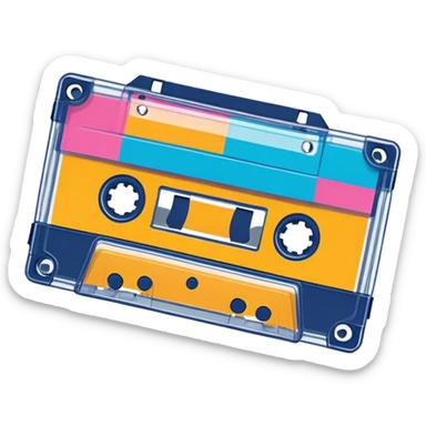 A colorful retro cassette tape with visible tape spools sticker