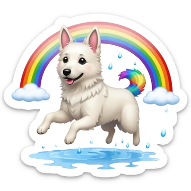 White belgian Shepard jumping over Rain puddles. There is a rainbow in the sky sticker