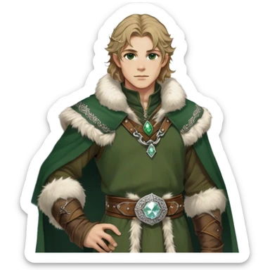 Medieval winter outfit worn by a DnD themed fantasy male character. Heavy olive green wool tunic with lynx fur collar, secured with ornate silver fastenings and a thick embossed leather belt. Clothes only above the waist, full waist coverage. The character has no arms. Character is white-skinned with golden brown hair, forest green eyes, and shoulder-length wavy hair with ice-crystal highlights. sticker
