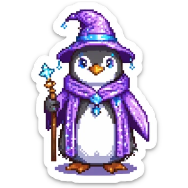 Penguin wizard with purple robe and blue magical sparkles sticker