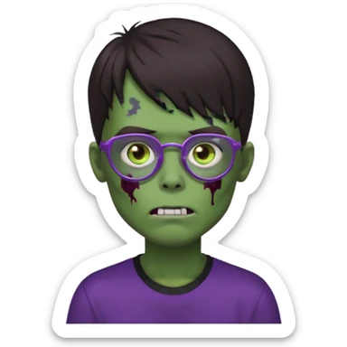 Menino zumbi com cabelo castanho escuro com franja que cubra a testa, olhos castanhos, camisa preta larga, pele verde e óculos lilás sticker