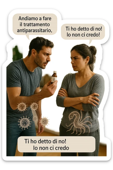 A highly realistic, cinematic photo of a young couple in their early 30s having an argument in a bright modern kitchen. The man, athletic build, wearing a casual T-shirt and jeans, is speaking firmly with a raised hand holding a small amber glass bottle labeled with a subtle herbal symbol, saying 'Andiamo a fare il trattamento antiparassitario' with a determined expression. The woman, with long dark hair tied in a messy bun, casual home outfit, crosses her arms with an angry, defensive expression, replying 'Ti ho detto di no! Io non ci credo!' while slightly turning away. Tension is visible in their body language, with the man leaning forward trying to explain and the woman leaning back, her eyebrows furrowed. Around them, subtle ghostly overlays of microscopic parasites are faintly visible near their abdominal areas, symbolizing the hidden reason for the argument. The kitchen is bright and modern with plants and natural light, contrasting the emotional tension. The style is hyperrealistic with warm tones and shallow depth of field focusing on their facial expressions, illustrating the conflict between belief in natural treatments and skepticism within the couple regarding hidden parasitic infections. in italiano sticker