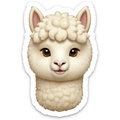 Cinematic Cute Cream Alpaca Portrait Emoji, Head tilted playfully and inquisitively, featuring a fluffy, cream fleece with a natural sheen, round, sparkling gentle eyes filled with curiosity, Simplified yet irresistibly adorable features, highly detailed, glowing with a warm, friendly glow, high shine, affectionate and gentle, stylized with a touch of whimsy, bright and endearing, soft glowing outline, capturing the essence of a mischievous yet loving alpaca, so playful it feels like it could prance out of the screen and into your arms! sticker
