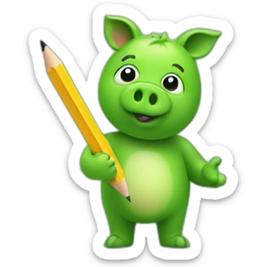 green piggy holding a pencil in his hand sticker