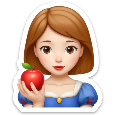 Create an emoji of Snow White holding a red apple, with short golden-brown hair Please create it in a super cute Japanese kawaii emoji style. sticker