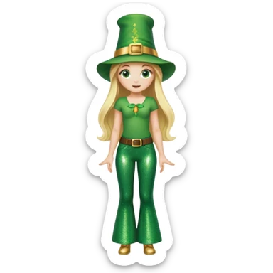 Blonde haired girl in glittery green bell bottoms and tall leprechaun hat sticker