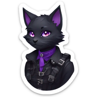 Gorgeous furry gothic dark techwear anime style anthro black cat furry sona Fakemon with blushing face aesthetic and pretty edgy black with violet collar and harness trending style sticker