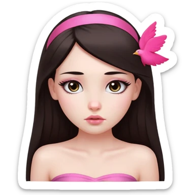 girl with white skin, dark brown long straight hair falling in front of her body, pouty shiny lips without cupid's bow, shiny large eyes with long eyelashes, lighter button nose, very long oval-shaped face, wearing a pink bandeau top with straight neckline, looking directly at camera with hands down at sides sticker