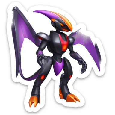 a shiny metallic black-purple-red-orange Genesect-Flygon-Raptor-Fakémon-Medabot-hybrid with a futuristic visor-helmet full body sticker
