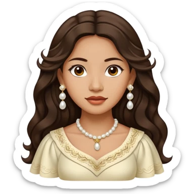 Tan Filipino woman with dark brown eyes and long dark wavy hair parted in the middle wearing a traditional filipiniana and white pearl stud earrings sticker