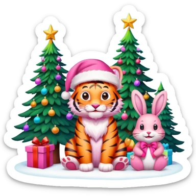 Smiling Pink tiger with Santa hat sitting with a bunny as friends and brightly lit colorful Christmas trees 🎁  sticker