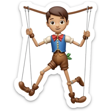 3D render of Pinocchio Boy as a wooden marionette puppet, Long nose, wood grain skin, strings, silver metal screw joints at elbows and knees, polished brown wood texture, rigid toy pose, Apple emoji style, isolated on white background --v 6.0. sticker