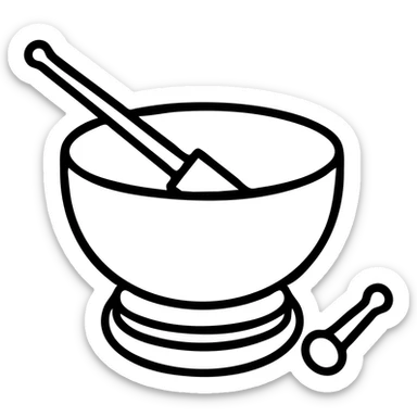 Make the green crystal singing bowl with mallet even more minimal, reduce details, keep only essential shapes, no background, in an outlined icon style with no fill. sticker