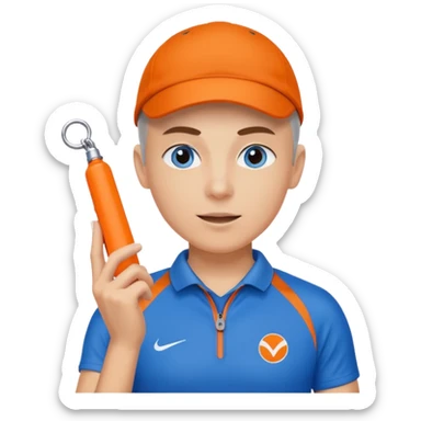 Make a friendly emoji style mascot for Sports Eye. Character will be blue sporty eye with a face, wearing a whistle, symbolizing coach giving guidance. design should be modern, friendly, & energetic, like a sports coach avatar. Primary color #2051E5 small touch of orange. sticker