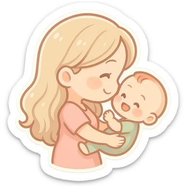 woman with long light hair holding a baby in her arms, they look at each other and smile, side view, chibi stickers style, thin clean outlines, soft rounded shapes, pastel palette, detailed shadows and highlights, soft lighting sticker