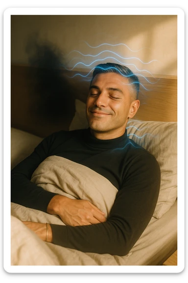 A cinematic image of a man in his mid-30s lying in bed, just waking up from deep sleep. His expression is calm and visibly transformed — a sense of inner peace, relief and subtle joy on his face. Soft morning light enters the room, casting gentle golden tones over his features. His eyes sono ancora semi chiusi, ma il viso è disteso, come se un grande peso fosse stato rilasciato durante la notte. Accanto a lui, simbolicamente sfocato, un’ombra o un alone scuro si dissolve, rappresentando il malessere notturno superato. Intorno alla sua testa, leggere onde di luce azzurra o bianca simboleggiano l’attività cerebrale rigenerativa della fase REM. La camera è ordinata, minimalista, con materiali naturali. L’atmosfera è serena, rigenerativa, intima. Shot in 35mm film style, high realism, shallow depth of field, warm highlights and clean shadows. sticker