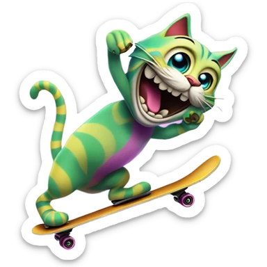 🦎 skating happily with eyes in colorful hues like the Cheshire Cat from Alice in Wonderland."



 sticker