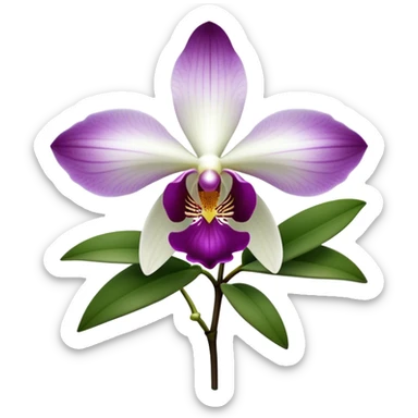 Cinematic Realistic Orchid Emoji, Exotic and elegant, with intricate, velvety petals in deep purple and white, forming a delicate and symmetrical blossom. The slender green stem holds the flower high, while surrounding leaves add lush contrast. Soft glowing outline, capturing the essence of rare beauty and sophistication in a captivating orchid. sticker