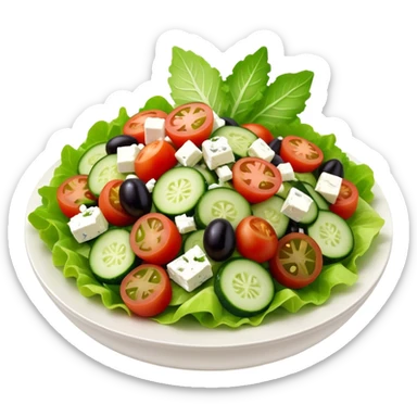 Cinematic Realistic Greek Salad Dish Emoji, depicted with crisp lettuce, tomatoes, cucumbers, olives, and feta cheese rendered with vibrant textures and fresh, natural lighting. sticker