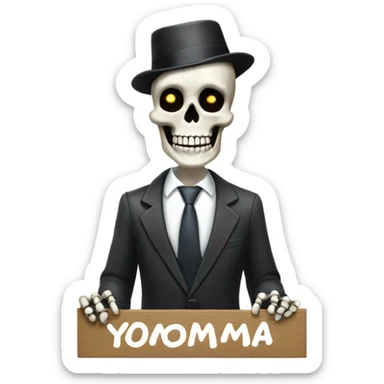 a skeleton dressed in a suit with a smug smile holding a sign that says"Yomama" sticker