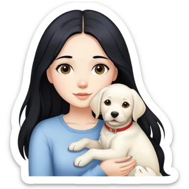 A beautiful girl with long black hair and fair skin is holding a white Labrador sticker