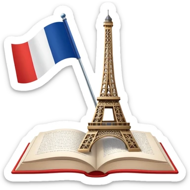 An icon featuring the Eiffel Tower and the flag of France, symbolizing the French language. The design includes an open book with French text, representing language learning and French culture. Transparent background highlights the elegance of the French-speaking world. sticker