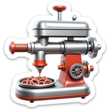 sausage-processing droid. retro-futuristic style. top is a circular industrial meat grinder with rotating gears and blades. Two robotic arms feed material into grinder. Sausage links extrude from the rear like  factory. The body is metallic, compact, and floats above the ground.no legs. Dark humor sticker