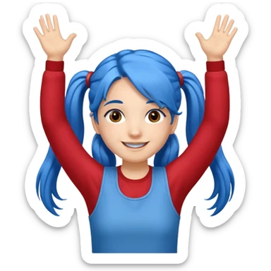 long blue hair girl in pig tails with brown eyes arms up celebrating sticker