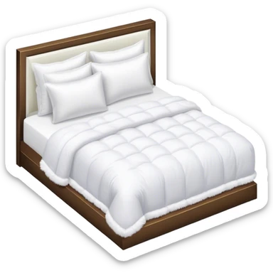 All white hotel bed with puffy white duvet and white faux fur throw blanket, isometric sticker