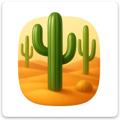 Create a desert emoji inspired by the reference image in iOS emoji style. Keep the same cacti, sand, and colors with a smooth and shiny appearance. The shape should have rounded or freeform edges, not confined to a square. sticker