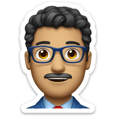 Latin man in blue suit and red tie, black eyes with metallic glasses, black hair, showing hands sticker