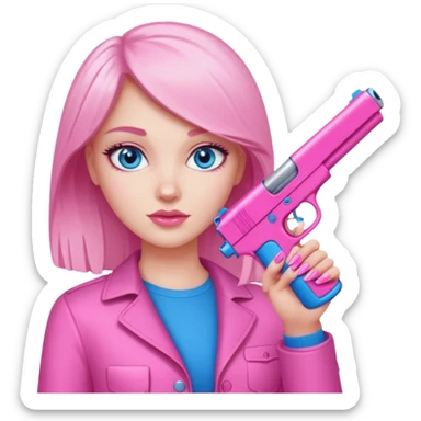 White Girl hand pink nails holding pink gun with blue eyes sticker