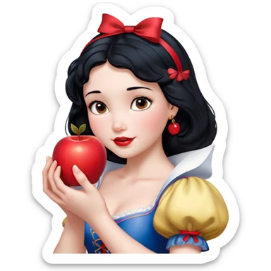 Cinematic Realistic Snow White Portrait, depicted with lifelike skin texture, soft natural lighting, and intricately detailed black hair styled with a red ribbon. Her soft brown eyes radiate innocence and kindness, complemented by a warm, gentle smile. She holds an apple in one hand, her other hand resting against her cheek, embodying her purity and charm. She is dressed in her classic yellow, blue, and red gown, the fabric rich in texture with delicate folds that catch the light beautifully. The portrait features a soft, natural glow with a radiant finish, capturing the essence of timeless beauty in a realistic and painterly style. sticker
