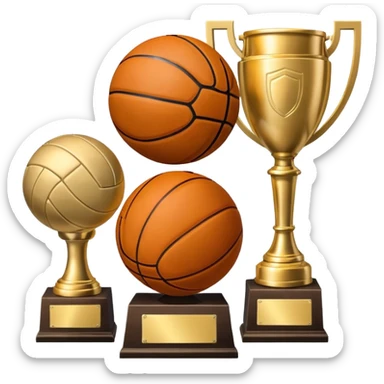 a basketball, soccer ball, volleyball, and a football all mixed with a trophy sticker